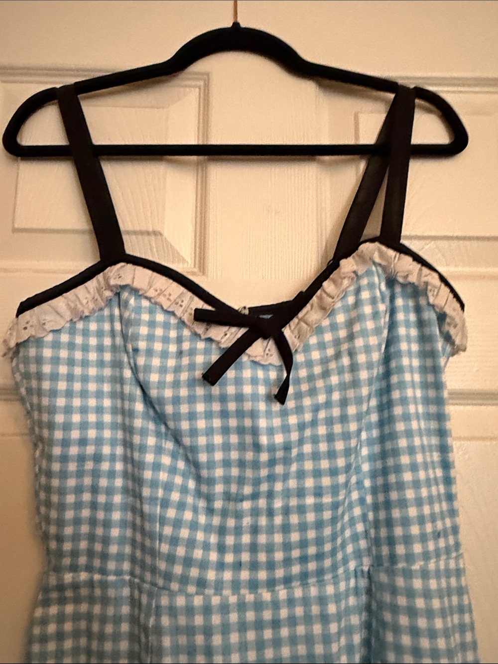 Vixen by Micheline Pitt Bardot Light Blue Gingham Midi Dress with Black Trim - Picture 4 of 5